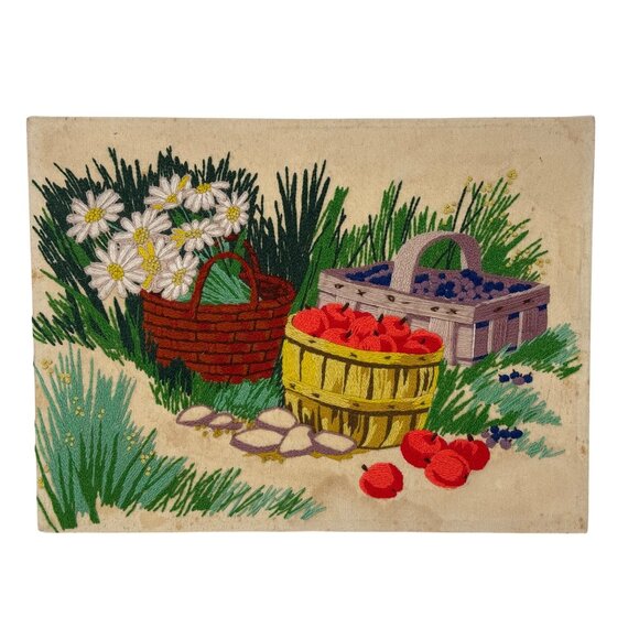 1970s Crewel Embroidery Canvas Basket Fruit Flowers Unframed Vintage Needlework - Picture 2 of 3
